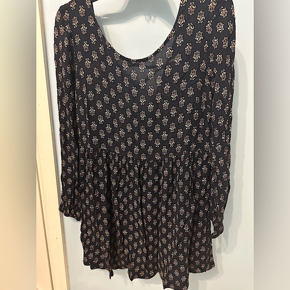 GREAT condition navy blue shirt dress with tan designs